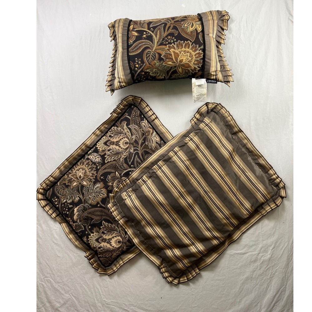 J. Queen New York Pillow and Shams Set OS Brown Gold Floral Paisley Striped 3pc